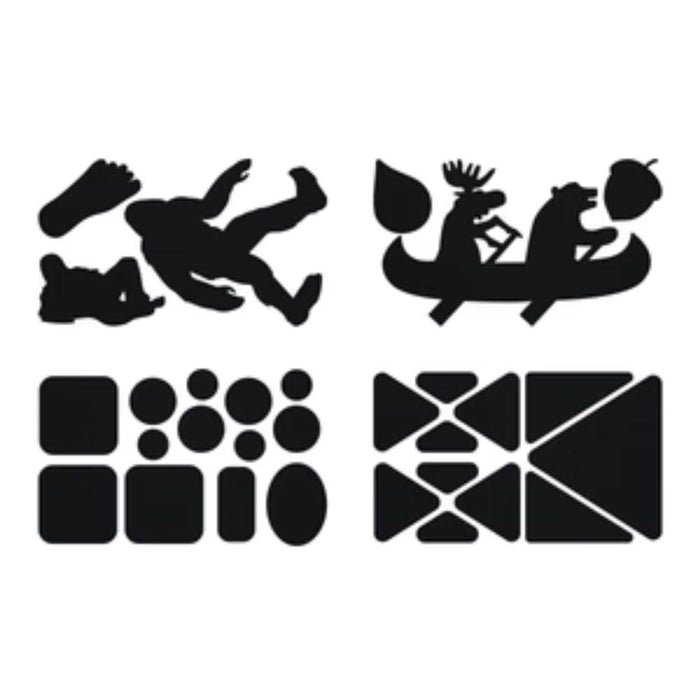 Gear Aid Tenacious Tape Gear Patches on a strip showing  a selection of pre-cut shapes (squares, circles, triangles   animals etc )of various sized nylon fabric repair patches to mend holes and personalise clothes and equipment