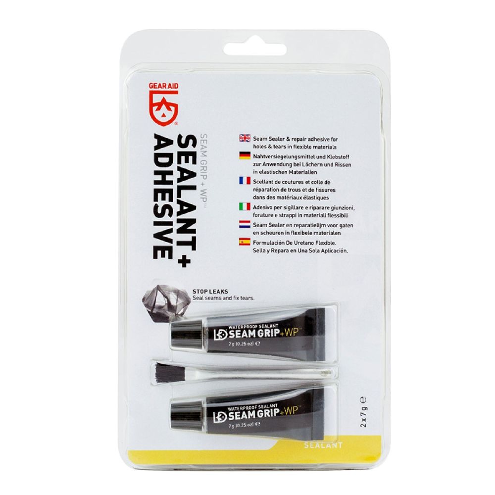 Gear Aid Seam Grip +WP Sealant and Adhesive in Euro Hook Packaging showing 2 tubes of 7g Seam Grip and an applicator brush. Seam sealer and repair adhesive for holes, tears and seams in flexible materials 