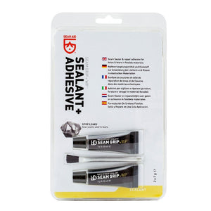 Gear Aid Seam Grip +WP Sealant and Adhesive in Euro Hook Packaging showing 2 tubes of 7g Seam Grip and an applicator brush. Seam sealer and repair adhesive for holes, tears and seams in flexible materials 