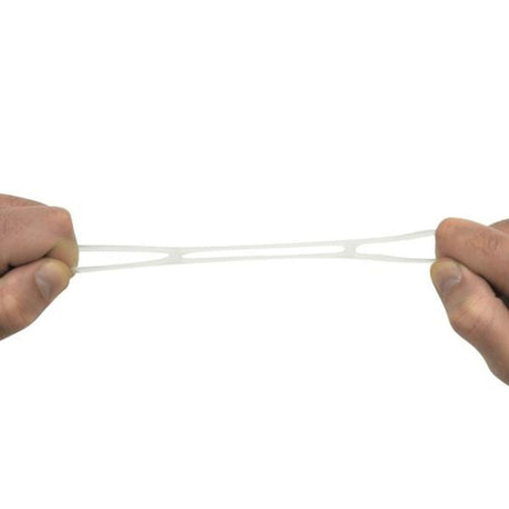 Two hands stretching a thin, white Kong Fast Rubber band against a plain white background.