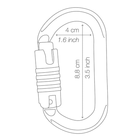 Line drawing of Petzl Oxan High-strength triact lock oval carabiner showing inner dimensions length: 8.8cm  and width :4cm 