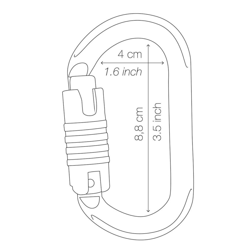 Line drawing of Petzl Oxan High-strength triact lock oval carabiner showing inner dimensions length: 8.8cm  and width :4cm 