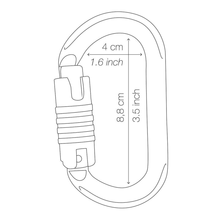 Line drawing of Petzl Oxan High-strength triact lock oval carabiner showing inner dimensions length: 8.8cm  and width :4cm 