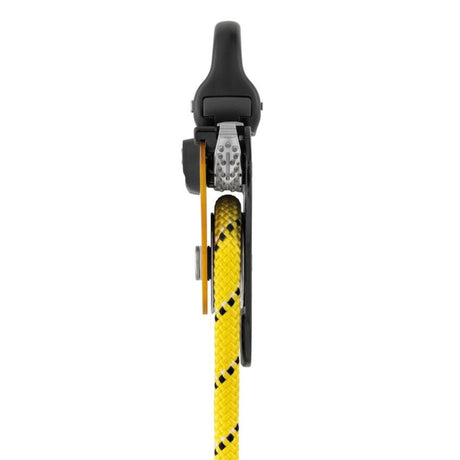 Cam close up of the Petzl Pro Traxion Pulley. When the cam is locked in a raised position, it allows the Petzl Pro Traxion to be used as a simple pulley.