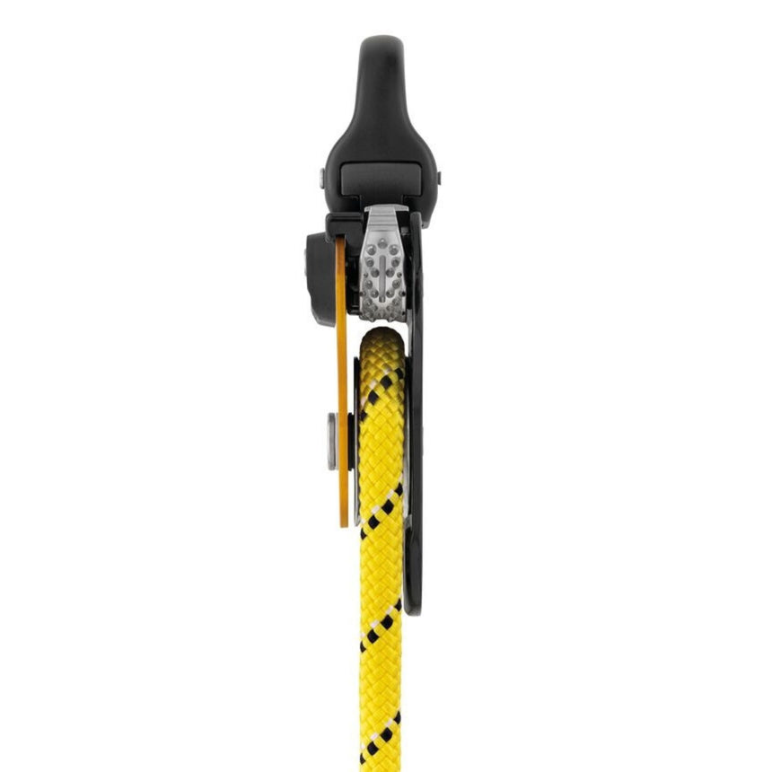 Cam close up of the Petzl Pro Traxion Pulley. When the cam is locked in a raised position, it allows the Petzl Pro Traxion to be used as a simple pulley.
