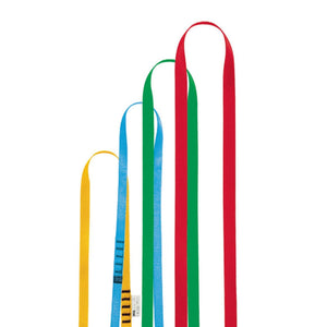 Petzl Anneau Sewn Slings is an open loop sling available in four lengths, colour-coded for easy identification of length seen here in yellow, blue, green and red colourways 