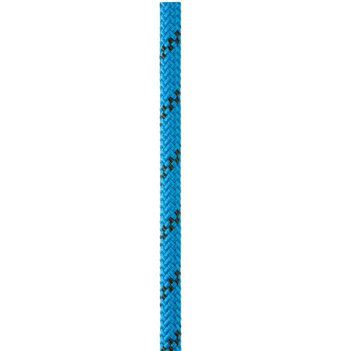 Close up of blue Petzl Axis 11 mm low stretch kernmantel rope, designed for work at height