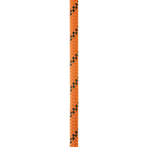 Close up of orange Petzl Axis 11 mm low stretch kernmantel rope, designed for work at height