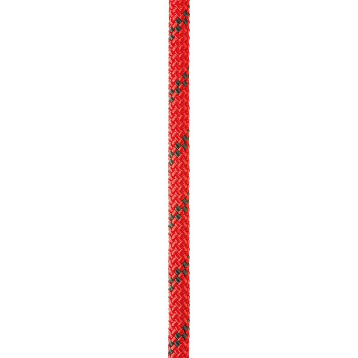 Close up of red Petzl Axis 11 mm low stretch kernmantel rope, designed for work at height