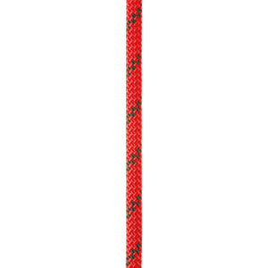 Close up of red Petzl Axis 11 mm low stretch kernmantel rope, designed for work at height