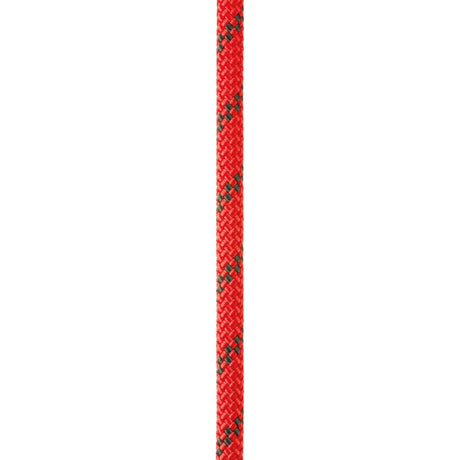 Close up of red Petzl Axis 11 mm low stretch kernmantel rope, designed for work at height