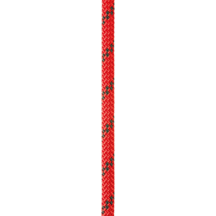 Close up of red Petzl Axis 11 mm low stretch kernmantel rope, designed for work at height
