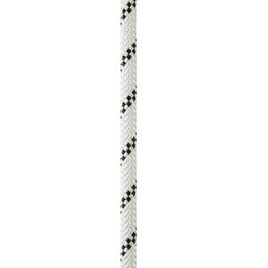 Close up of white Petzl Axis 11 mm low stretch kernmantel rope, designed for work at height