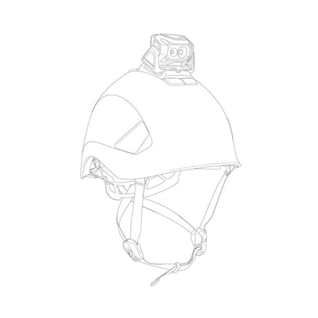 Illustration showing the Helmet Adapt  adhesive plate can be placed on top of the helmet, maintaining the ability to tilt the headlamp.