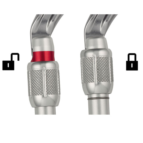 Diagram showing how to facilitate equipment checks - SCREW-LOCK manual locking carabiners have a red band that is visible only when the carabiner is not locked.
