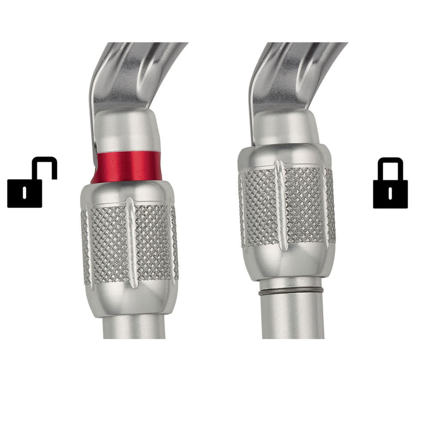 Diagram showing how to facilitate equipment checks - SCREW-LOCK manual locking carabiners have a red band that is visible only when the carabiner is not locked.
