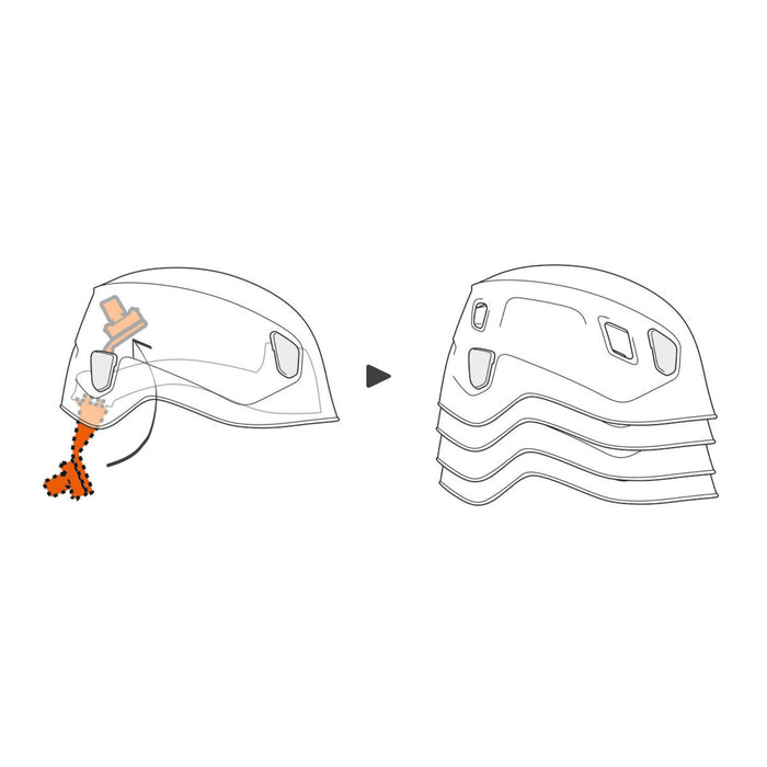 Illustration showing how the headband folds away for protection during transport or storage.