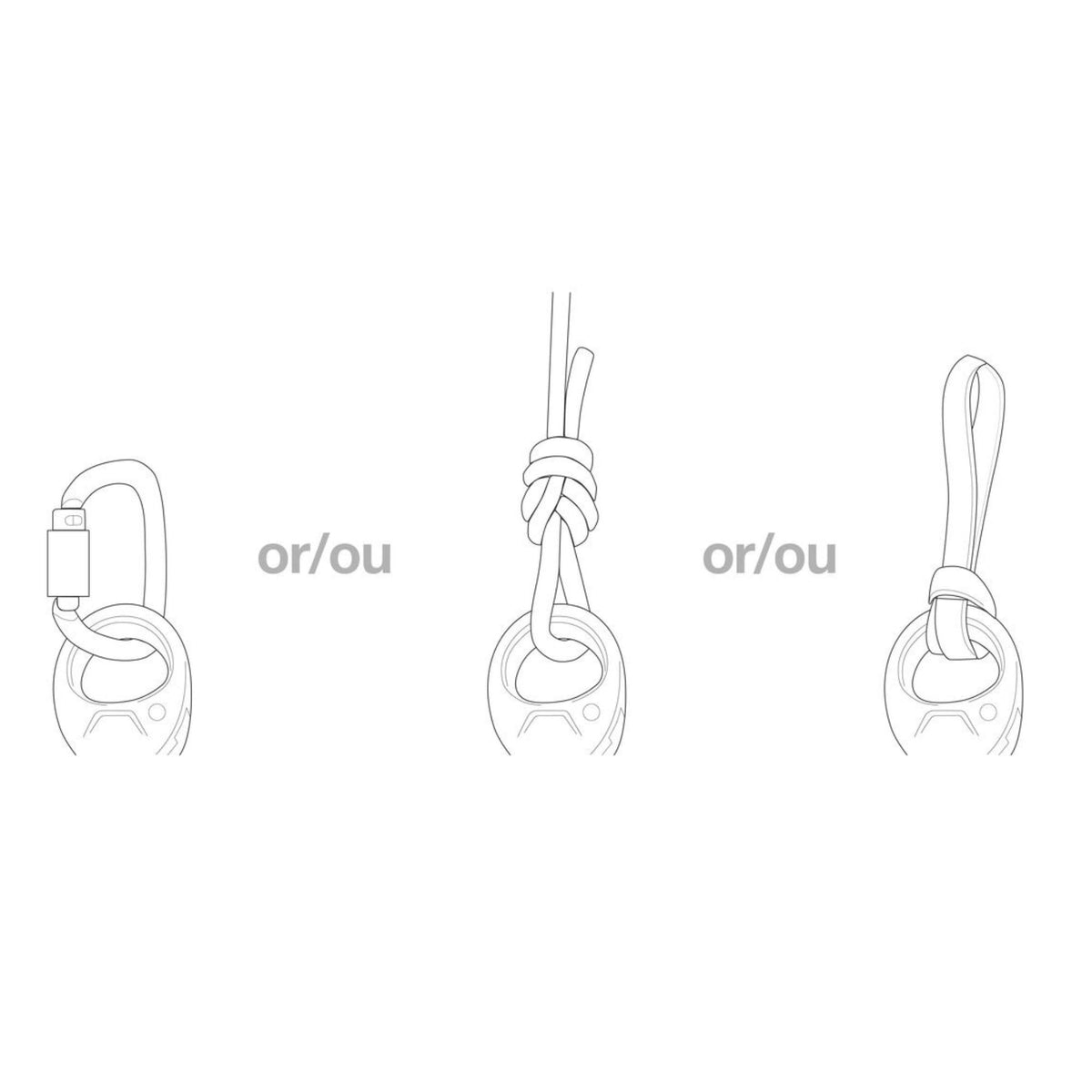 Illustration showing the Petzl pro traxion pulley used with a carabiner, rope and lanyard for easier rigging with the swivel and auxiliary attachment point