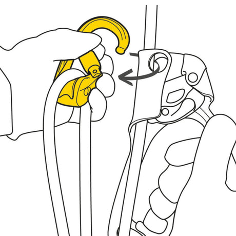 Petzl Roll Clip Z Pulley Carabiner Diagram showing pulley may be used as a directional point on the upper attachment point of the ASCENSION handled rope clamp, for short rope ascents. Gate opening on the non-pulley side facilitates installation on the ASCENSION.
