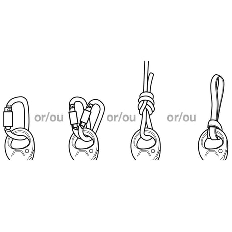 Illustration showing the swivel accepting 
carabiners, ropes and slings to facilitate
manoeuvres