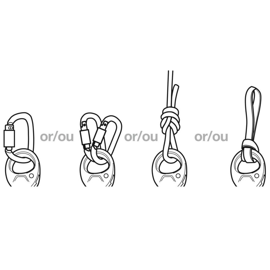 Illustration showing the swivel accepting 
carabiners, ropes and slings to facilitate
manoeuvres
