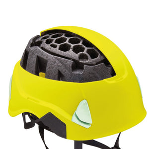 Petzl Strato Hi Viz Helmet  liner is designed in two parts: EPP (expanded
polypropylene) and EPS (expanded polystyrene) for reduced weight.