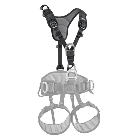 Front of Black and Yellow Petzl Top Chest Harness attached to Seat Harness