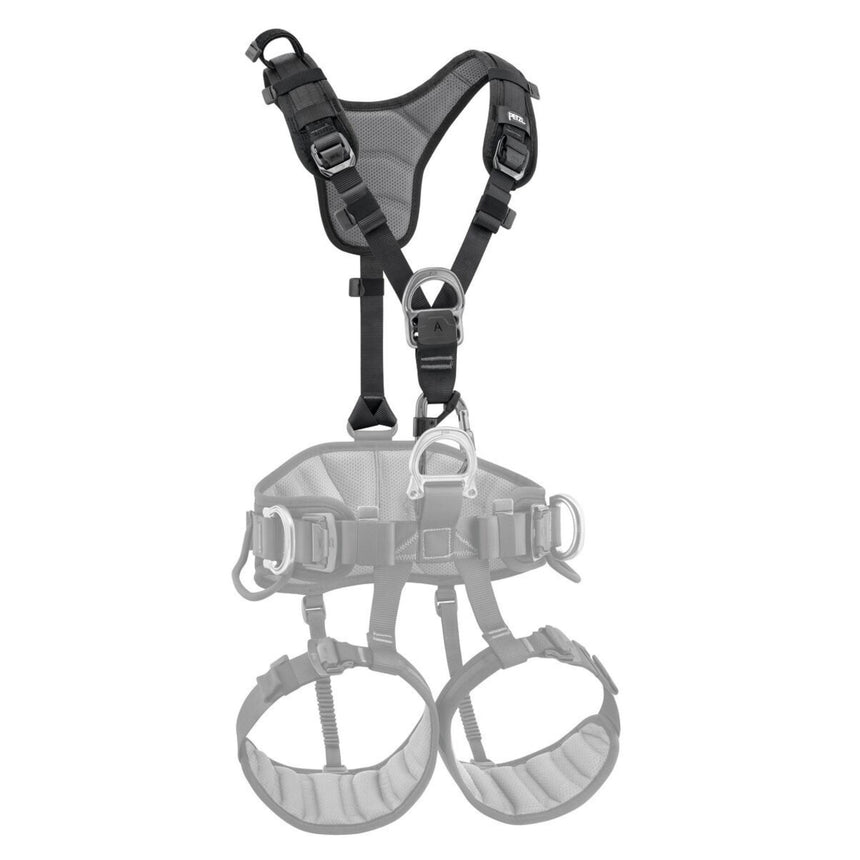 Front of Black and Yellow Petzl Top Chest Harness attached to Seat Harness