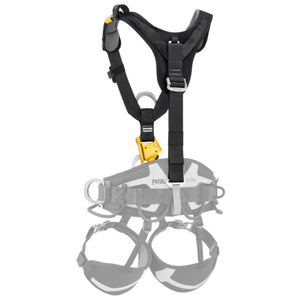 Back of Petzl TOP CROLL L Rope Access Chest Harness showing attachment to a Astro seat harness 