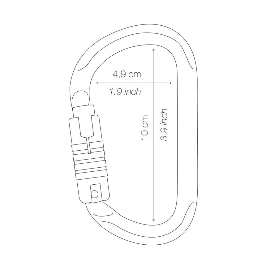 Petzl Vulcan Carabiner Diagram with inner dimensions showing width 4.9cm and length: 10cm
