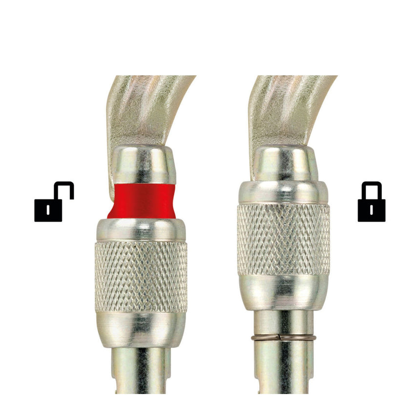 Petzl Vulcan Screw Lock manual locking Mechanism. To facilitate equipment checks, SCREW-LOCK manual locking carabiners have a red band that is visible only when the carabiner is not locked.
